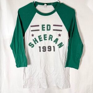 Ed Sheeran 1991 White Raglan Tee with Green Sleeves and Printed Logo — Small